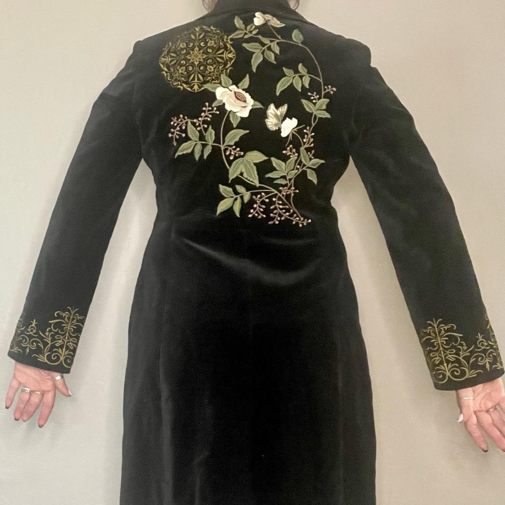 COPY - Black Velvet Trench Coat with Embroidered Flowers - CAbi